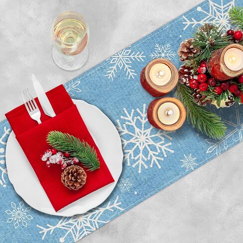 عيد الميلاد ندفة الثلج الجدول عداء 72 × 13 بوصة الزينة، الأزرق الكتان الخيش الأبيض تساقط الثلوج نمط غطاء الطاولة لحفلات موضوع الشتاء، عطلة موسمية ديكور الجدول لموقد المطبخ الطعام in Kuwait