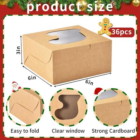 KPOSIYA 36 Pack Christmas Cookie Boxes for Gift Giving, 6x6x3 Inch Brown Bakery Boxes with Window, Large Holiday Cookie Tins with Lids, Small Xmas Treat Boxes for Pastry Dessert Cupcakes Packaging in Kuwait