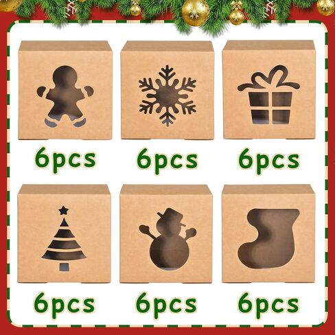 KPOSIYA 36 Pack Christmas Cookie Boxes for Gift Giving, 6x6x3 Inch Brown Bakery Boxes with Window, Large Holiday Cookie Tins with Lids, Small Xmas Treat Boxes for Pastry Dessert Cupcakes Packaging in Kuwait