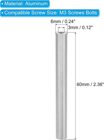 PATIKIL M3 Aluminum Spacers, 6 Pcs Metal Spacer Aluminum 3mm ID x 6mm OD x 25mm L Threaded Spacer Screw Standoff Round for RC Car Drones Motherboard, Silvery in Saudi Arabia