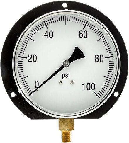PIC Gauges 115D-454E Bottom Mount Dry Pressure Gauge w/ Black Steel Case, Brass Internals, Chrome Bezel, Plastic Lens, Wall Mount Back Flange, 4.5" Dial, 0/100 psi Range, 1/4" Male NPT in Kuwait