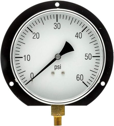 PIC Gauges 115D-454E Bottom Mount Dry Pressure Gauge w/ Black Steel Case, Brass Internals, Chrome Bezel, Plastic Lens, Wall Mount Back Flange, 4.5" Dial, 0/100 psi Range, 1/4" Male NPT in Kuwait