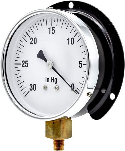 PIC Gauges 115D-454E Bottom Mount Dry Pressure Gauge w/ Black Steel Case, Brass Internals, Chrome Bezel, Plastic Lens, Wall Mount Back Flange, 4.5" Dial, 0/100 psi Range, 1/4" Male NPT in Kuwait