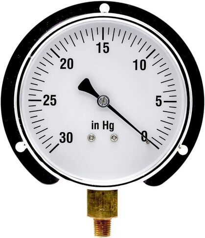 PIC Gauges 115D-454E Bottom Mount Dry Pressure Gauge w/ Black Steel Case, Brass Internals, Chrome Bezel, Plastic Lens, Wall Mount Back Flange, 4.5" Dial, 0/100 psi Range, 1/4" Male NPT in Kuwait