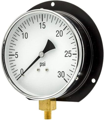 PIC Gauges 115D-454E Bottom Mount Dry Pressure Gauge w/ Black Steel Case, Brass Internals, Chrome Bezel, Plastic Lens, Wall Mount Back Flange, 4.5" Dial, 0/100 psi Range, 1/4" Male NPT in Kuwait