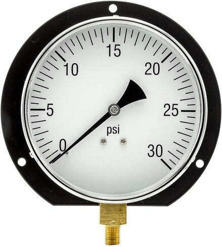PIC Gauges 115D-454E Bottom Mount Dry Pressure Gauge w/ Black Steel Case, Brass Internals, Chrome Bezel, Plastic Lens, Wall Mount Back Flange, 4.5" Dial, 0/100 psi Range, 1/4" Male NPT in Kuwait
