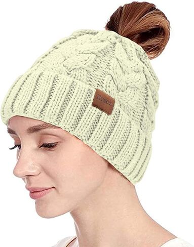 Rosoz Ponytail Beanie for Women,Winter Warm Beanie Tail Soft Stretch Cable Knit Messy High Bun Hat in Kuwait