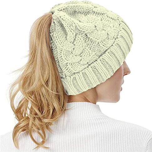 Rosoz Ponytail Beanie for Women,Winter Warm Beanie Tail Soft Stretch Cable Knit Messy High Bun Hat in Kuwait
