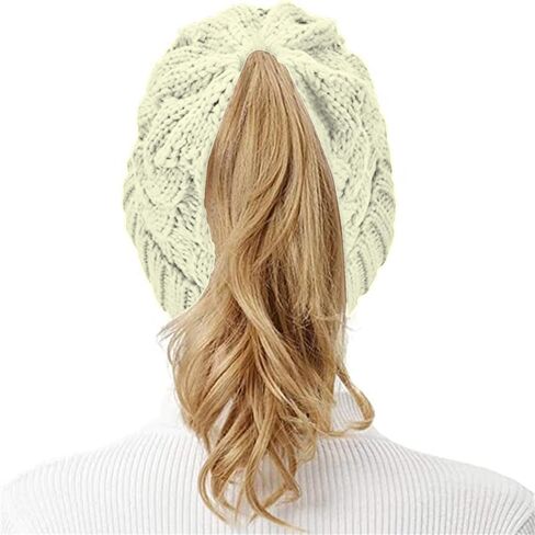Rosoz Ponytail Beanie for Women,Winter Warm Beanie Tail Soft Stretch Cable Knit Messy High Bun Hat in Kuwait