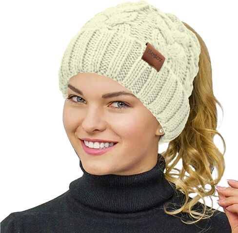 Rosoz Ponytail Beanie for Women,Winter Warm Beanie Tail Soft Stretch Cable Knit Messy High Bun Hat in Kuwait