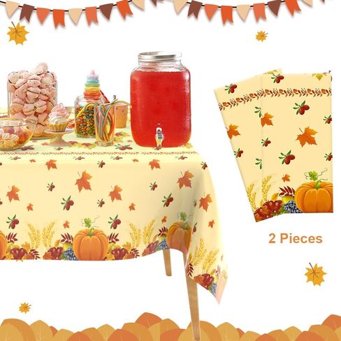 Thanksgiving Tablecloth Disposable Rectangle 2 Pack Plastic Fall Tablecloth Autumn Pumpkin Tablecloth 54 x 108 Inch Thanksgiving Table Cover for Dinner Kitchen Picnic Thanksgiving Party Decorations in Saudi Arabia