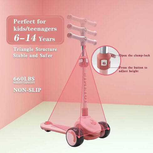 Kids Scooter 3 Wheels Scooter with Lights Up Wheels & Deck Extral Wide Wheels Adjustable Height at Any Height for Children Ages 3-12 Years Sturdy Lean to Steer in Saudi Arabia
