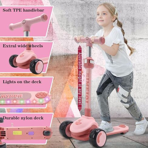 Kids Scooter 3 Wheels Scooter with Lights Up Wheels & Deck Extral Wide Wheels Adjustable Height at Any Height for Children Ages 3-12 Years Sturdy Lean to Steer in Saudi Arabia