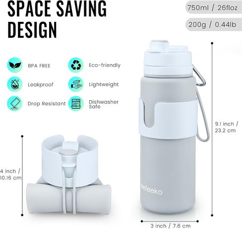 Nefeeko Collapsible Water Bottle, BPA Free 26oz Foldable Water Bottle for Travel Sports, Leak-Proof Spill-Proof Portable Water Bottles with Carabiner, Lightweight in Saudi Arabia