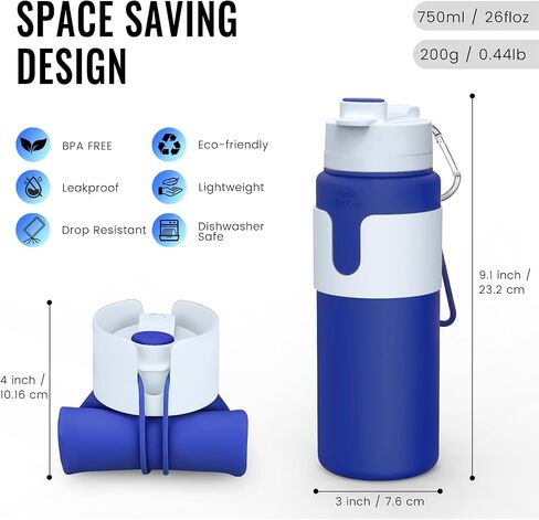 Nefeeko Collapsible Water Bottle, BPA Free 26oz Foldable Water Bottle for Travel Sports, Leak-Proof Spill-Proof Portable Water Bottles with Carabiner, Lightweight in Saudi Arabia