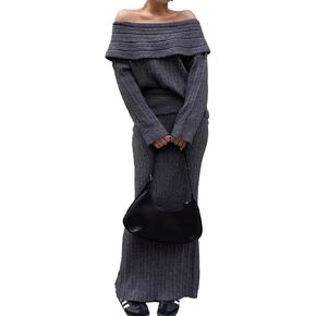 Unybwonn Skirt Sets Women 2 Piece Outfits off the Shoulder Sweater and Knitted Skinny Maxi Skirts Fall Casual Outfits
