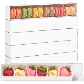 24 Pack Chocolate Covered Strawberry Boxes with Full Clear Window, Drawer Macaron Boxes, Long Bakery Boxes for 6 Strawberries, Cookies, Cocoa Bombs, Truffles (12 x 2.2 x 2 Inches)