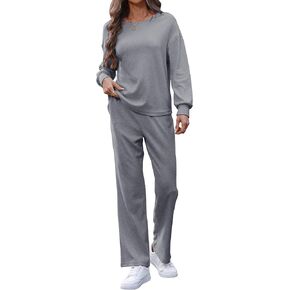 Women's 2 Piece Outfits Ribbed Long Sleeve Knit Pullover Top Wide Leg Pants Lounge Matching Sets Tracksuits Sweatsuit