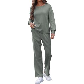 Women's 2 Piece Outfits Ribbed Long Sleeve Knit Pullover Top Wide Leg Pants Lounge Matching Sets Tracksuits Sweatsuit
