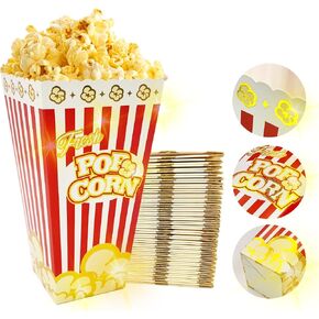 SNAIL GARDEN 30Pcs 46oz Large Capacity Popcorn Boxes, Movie Night Red/White Stripes Mixed Glod Border Decor Food Container,Disposable Paper Box,Durable Snack Bag For Hollywood Theme Birthday Party