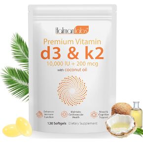 Vitamin D3 K2,10000 IU VIT D3 + 200 MCG Vitamin K2,Micro Ingredients Vitamin D3 K2,D3 K2 Vitamin Supplement,Replenish Vitamin D3 K2 Coconut Oil Softgels (120)