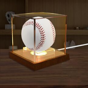 Baseball Display Case with Led Light, Light up Clear Baseball Holder with Wooden Base, Acrylic Baseball Case Display for Balls, Memorabilia Signed Baseball Display Box, Brown (Line Switch)