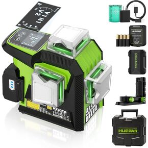 Huepar Laser Level 360 Self Leveling 1/13In High Accuracy 3D Green Laser Line Level with Rechargeable Battery & LCD Screen & Pulse Mode & Adjust Brightness Laser -Magnetic Base, Hard Carry Case HX03CG