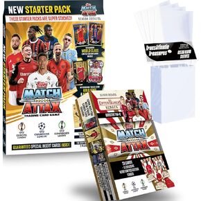 حزمة بطاقات كرة القدم Topps Match Attax 2024-2025 للمبتدئين + علبة معززة عشوائية + 100 واقي للبطاقات، 58 بطاقة - 5 بطاقات حصرية محدودة الإصدار + غلاف ضخم ممتاز in Kuwait
