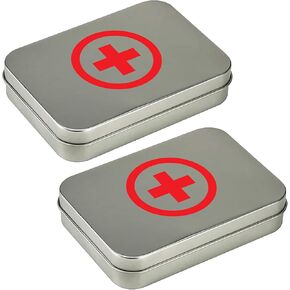 Compact First Aid Kit Mini Tin Box (2 Sets) - Small Storage Container w/Hinged Lid for Bandages, Medicine Pills, Outdoor Survival Kit