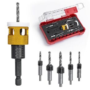5Pcs Countersink Drill Bit Set, HSS M2 Tapered Bits 1/8" 9/64" 5/32" Drill+3/8" 82° Counter-Bore,11/64" 3/16" Drill+ 1/2" 82° Counter Bore,1/4" Hex Shank for Woodworking