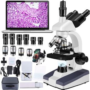 Trinocular Microscope 40X-5000X Magnification Laboratory Grade with Dual Mechanical Stage and HD USB Camera Microscope for Adults