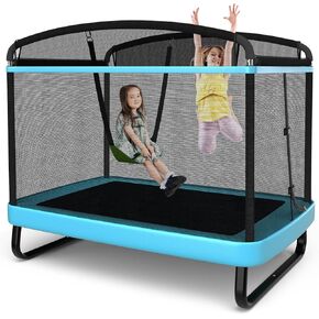Goplus 6FT Kids Trampoline with Swing, ASTM Approved Rectangle Recreational Trampoline w/Enclosure Safety Net, Galvanized Steel Frame, Indoor Outdoor Baby Toddler Trampoline for Boys Girls