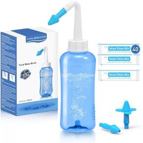 Neti Pot Sinus Rinse, Nose Wash Cleaner, Pressure Rinse Nasal Irrigation for Adult & Kid, 300ml Capacity Sinus Rinse Bottle and 30 Nasal Wash Salt Packets (NO Sticker Thermometer)