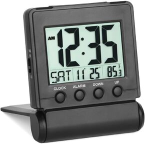 FAMICOZY Small Folding Digital Travel Alarm Clock with Day/Month/Date/Indoor Temperature,Easy to Read and Set,High/Low Alarm Volume,9 Min Snooze,Backlight on Demand,Bedside Calendar Alarm Clock,Black