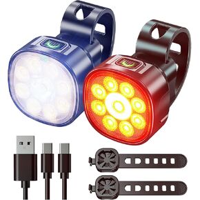 Bike Lights, IP65 Waterproof Bike Front and Tail Lights, USB Rechargeable, 8 Modes for Front Lights with Two Types for Spotlights and Floodlights, 7 Modes for Tail Lights, Suitable for Night Riding