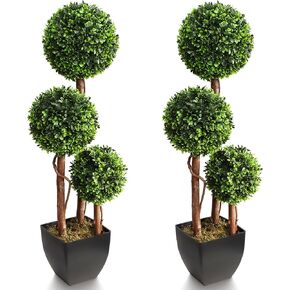 Artificial Boxwood Ball Topiaries Trees, Outdoor 3ft Fake Topiary Triple Ball Boxwood Tree 2 Packs, Faux Shrubs Green Plants Detachable Sphere Potted Decor Indoor Porch or Garden（35inch）