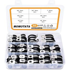 60PCS Cable Clamps Assortment Kit, 7 Sizes 1/4" 5/16" 3/8" 1/2" 5/8" 3/4" 1" Stainless Steel Rubber Coated Cushioned Insulated Cable Clamp,Automotive Wire Metal Pipe Clamps