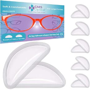 GMS Optical 3.2mm Extra-Thick / 15mm Medium-Length - Silicone Adhesive Halfmoon Air Bag Cushion Anti-Slip Nose Pads for Glasses, Eyeglasses, Sunglasses (5 Pair) (Clear)