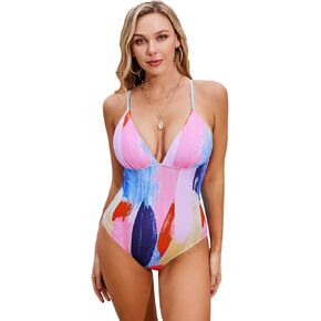 WDIRARA Women's Allover Print Tie Back Halter Swimwear Sleeveless Backless Onepiece Swimsuit