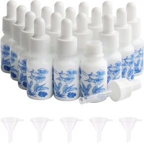 JIUWU 18pcs Glass Dropper Vials with 5 Funnels, 10ml Blue and White Porcelain Ceramic Dropper Bottles Leak Proof Travel Bottles UV Safe Bottles for Liquids, Essential Oils, Perfumes, Body Oils