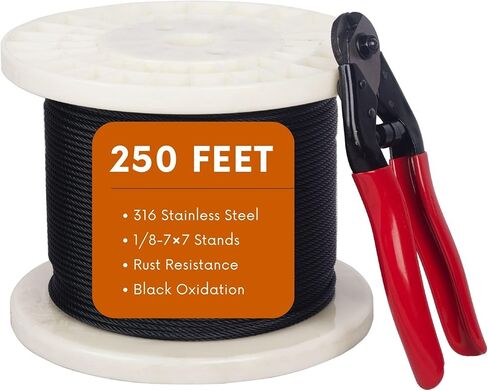 كابل حبل سلكي أسود بطول 500 قدم 1/8 بوصة، درجة T316 من الفولاذ المقاوم للصدأ من الدرجة البحرية لدرابزين الكابلات والسلالم والأسوار - بناء مرن 7 × 7 خيوط in Kuwait