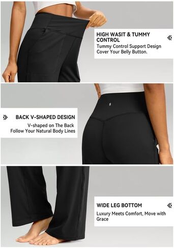 سراويل Soothfeel واسعة الساق للنساء، سراويل عمل اليوغا مع جيوب، سراويل رياضية عالية الخصر، سراويل صغيرة/طويلة 30 بوصة (أسود، XXL) in Kuwait