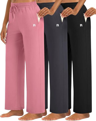 Neer 3 Pack Women's Wide Leg Palazzo Pants, Lounge High Waisted Pants Casual Pajama Bottoms Trouser with Drawstring Pockets in Kuwait