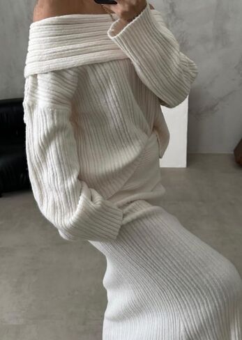 Unybwonn Skirt Sets Women 2 Piece Outfits off the Shoulder Sweater and Knitted Skinny Maxi Skirts Fall Casual Outfits in Saudi Arabia
