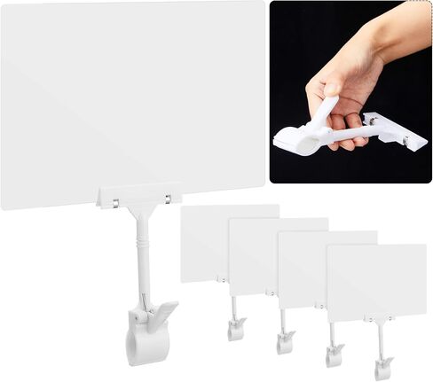Suzile 4 Pcs 11 x 7 Inch Acrylic Sign Holder with Clamp Clip on Double Head Swivel Sign Rotating Price Holder Display White Erasable Merchandise Sign Display Clip for Supermarket Business Store in Kuwait