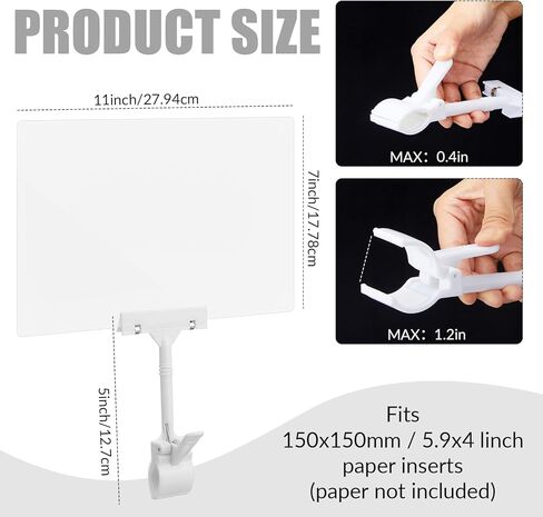 Suzile 4 Pcs 11 x 7 Inch Acrylic Sign Holder with Clamp Clip on Double Head Swivel Sign Rotating Price Holder Display White Erasable Merchandise Sign Display Clip for Supermarket Business Store in Kuwait