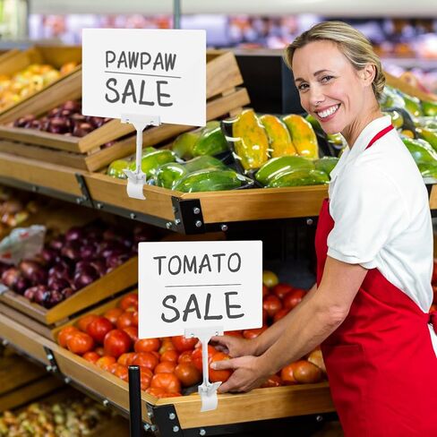 Suzile 4 Pcs 11 x 7 Inch Acrylic Sign Holder with Clamp Clip on Double Head Swivel Sign Rotating Price Holder Display White Erasable Merchandise Sign Display Clip for Supermarket Business Store in Kuwait