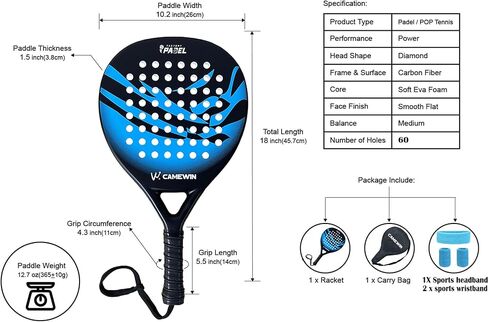 مضرب Padel POP للتنس من ألياف الكربون مع قلب من إسفنج الذاكرة EVA خفيف الوزن مناسب للمبتدئين، أسود/أزرق/أبيض in Kuwait