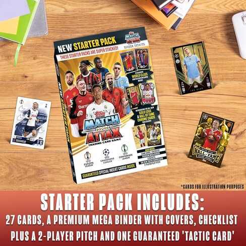 Topps Match Attax 2024-2025 Soccer Cards Starter Pack + Random Booster Tin + 100 Card Protectors, 58 Cards - 5 Exclusive Limited Edition Cards + Premium Mega Binder in Kuwait