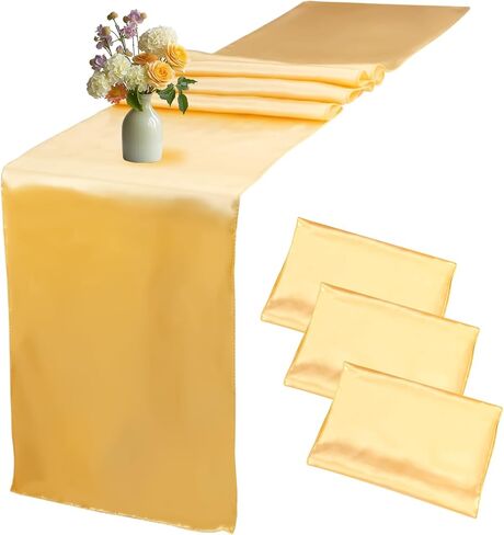 مفرش طاولة، مفرش طاولة ذهبي، 3 قطع مفرش طاولة من الساتان، مفرش طاولة للحفلات، مفارش طاولة زفاف حريرية مقاس 12 × 108 بوصة للهالوين، الخريف، أعياد الميلاد، الولائم، التخرج، ديكور الحفلات الذهبية in Kuwait
